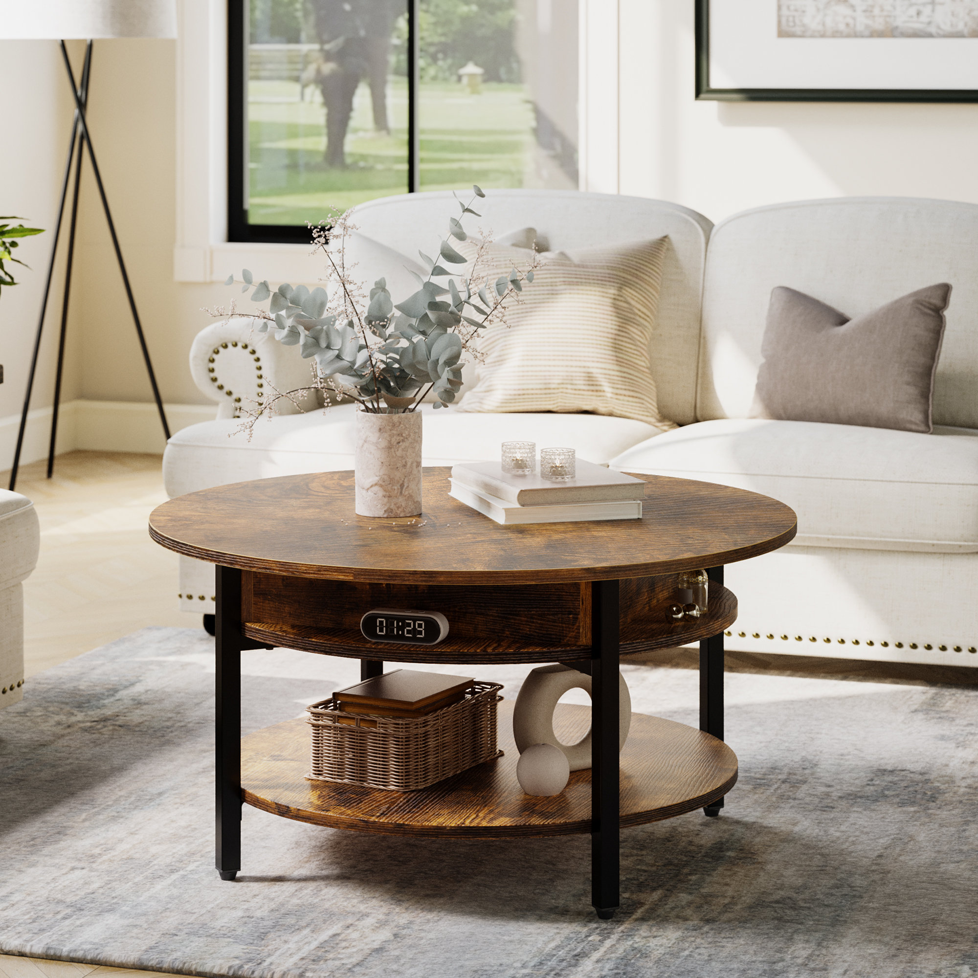 17 Stories Wynny 27"W Lift-Top Wood Coffee Table, Small Round Cocktail Table with Storage ...